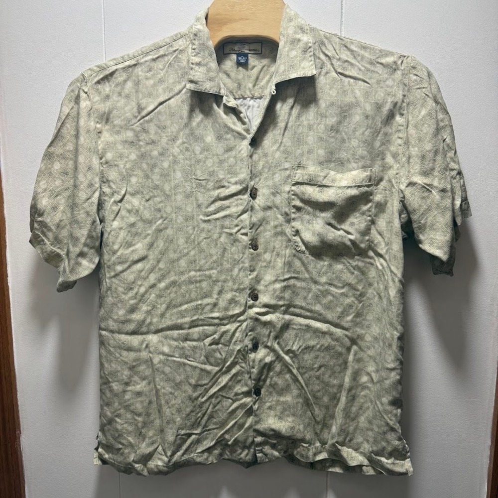 Tommy Bahama Mens XL Silk Short Sleeve Camp Shirt Geometric Palm Print Beige